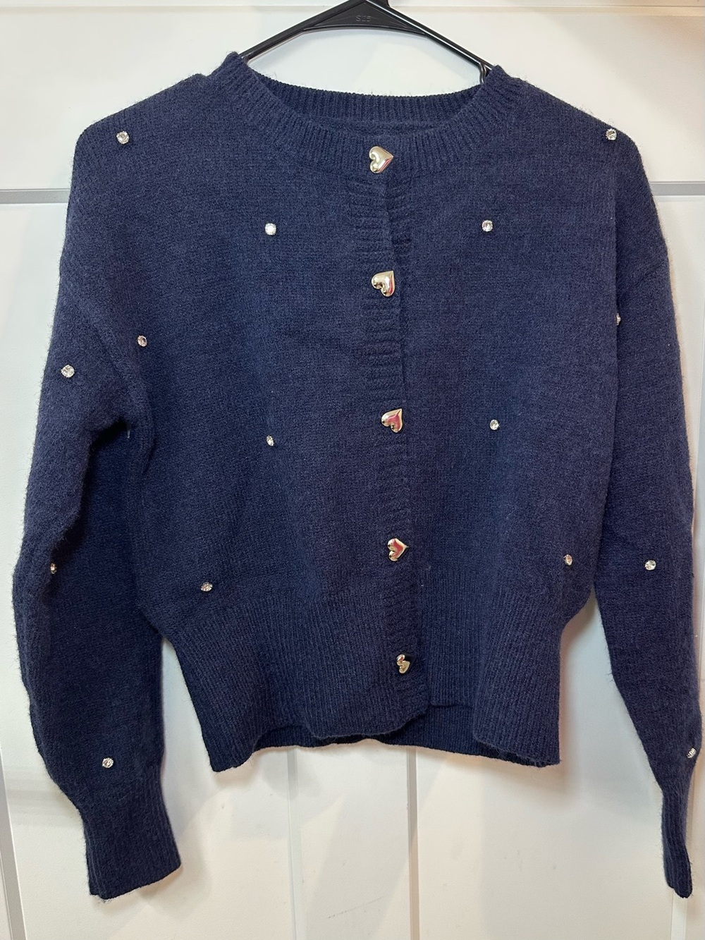 Navy Beaded Heart-Button Knit Sweater